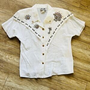 Vintage City Girl 80s 90s Rodeo Glam White Blinged Embellished Cotton Button 10